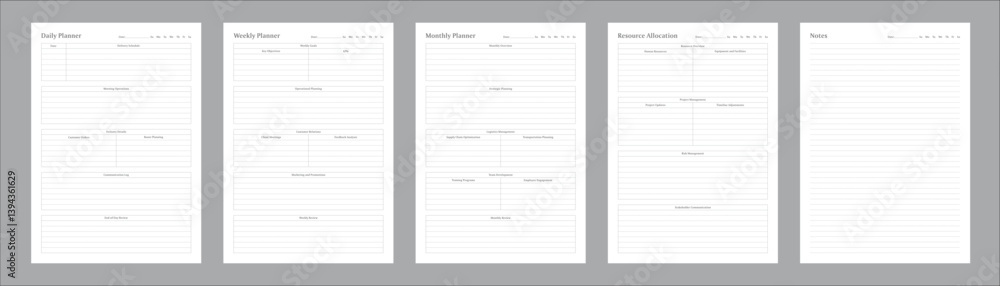 Generic Planning Pages and Planner Sheets Design Template for daily, weekly, and monthly organization for organizing daily routines and personal goals Set of 5 Pages Generic Planning Pages and Planner Sheets Design Template for daily, weekly, and monthly organization for organizing daily routines and personal goals Set of 5 Pages