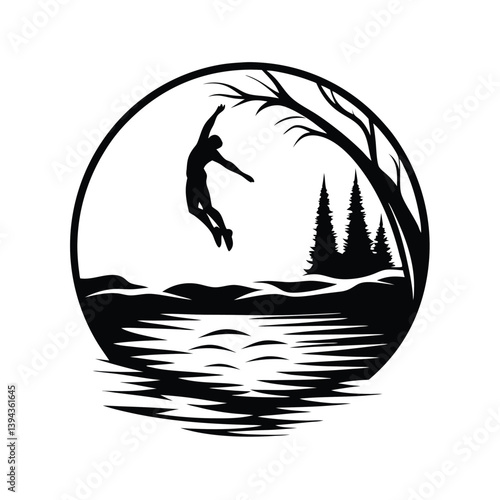 Silhouette Person Jumping from Tree to Lake with Coniferous Forest Backdrop Art