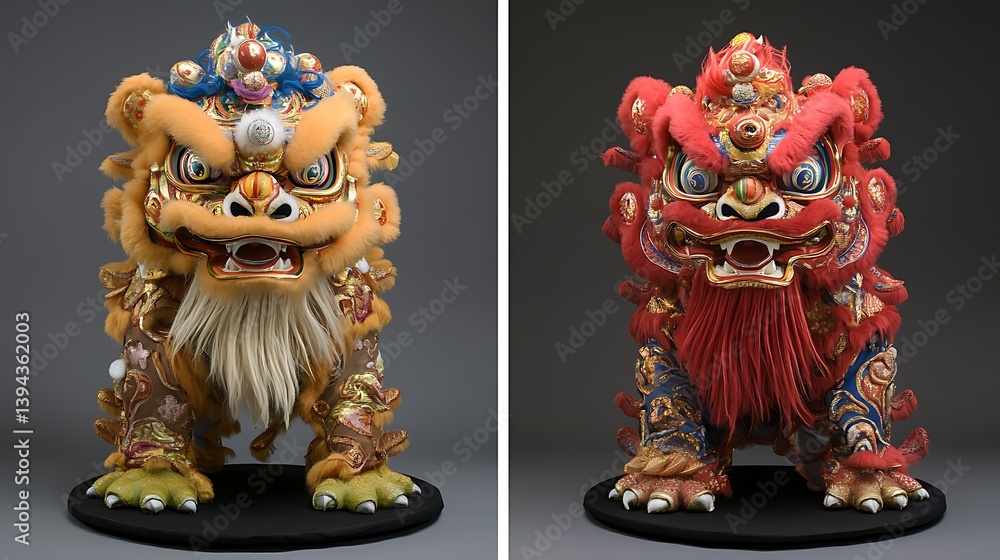 Two Ornate Traditional Lion Costumes Standing on Black Circular Bases