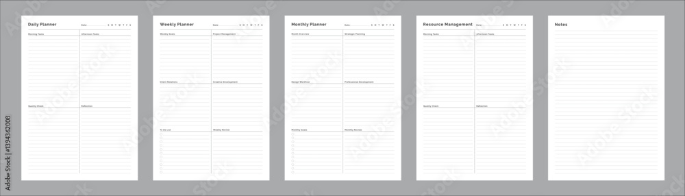 Generic Planning Pages and Planner Sheets Design Template for daily, weekly, and monthly organization for organizing daily routines and personal goals Set of 5 Pages Generic Planning Pages and Planner Sheets Design Template for daily, weekly, and monthly organization for organizing daily routines and personal goals Set of 5 Pages