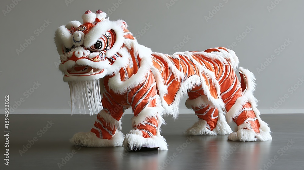 A traditional orange and white lion dance costume displayed indoors