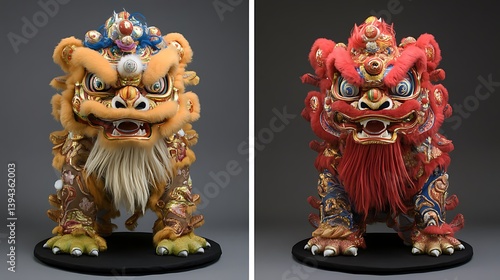 Obraz na płótnie Two Ornate Traditional Lion Costumes Standing on Black Circular Bases w salonie