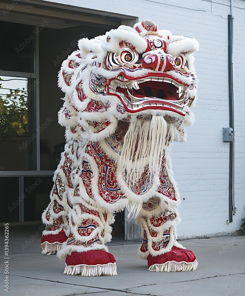 A beautifully decorated traditional lion dance costume on display