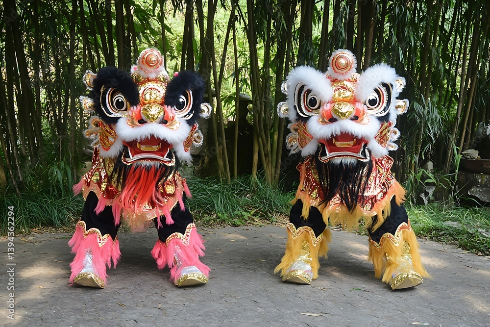 Two Colorful Lion Dance Costumes Standing Together in a Park