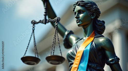 Law day celebration justice statue in urban setting inspiring community awareness of legal rights
