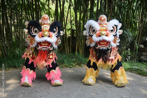 Obraz na płótnie Two Colorful Lion Dance Costumes Standing Together in a Park w salonie