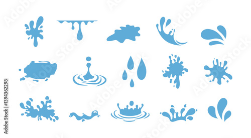 Water splashes with falling drops vector illustration set. Splattering liquid with droplets 2d elements on transparent background.