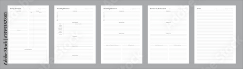 Generic Planning Pages and Planner Sheets Design Template for daily, weekly, and monthly organization for organizing daily routines and personal goals Set of 5 Pages
