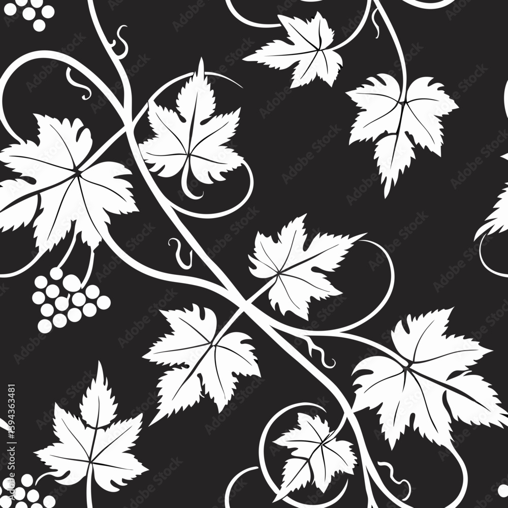 Seamless vector pattern of grapevines and leaves on black background Seamless vector pattern of grapevines and leaves on black background