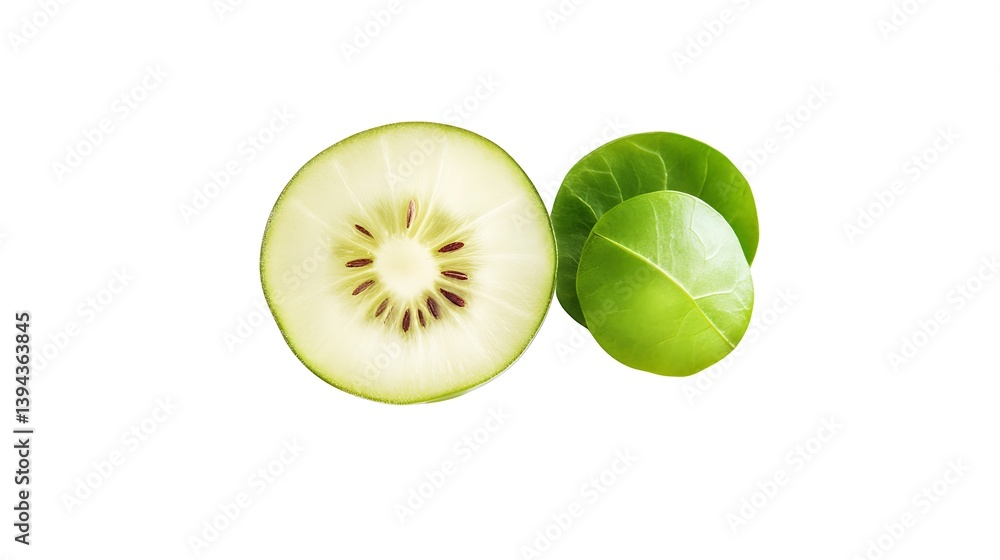 A sliced kiwi fruit and some fresh green leaves