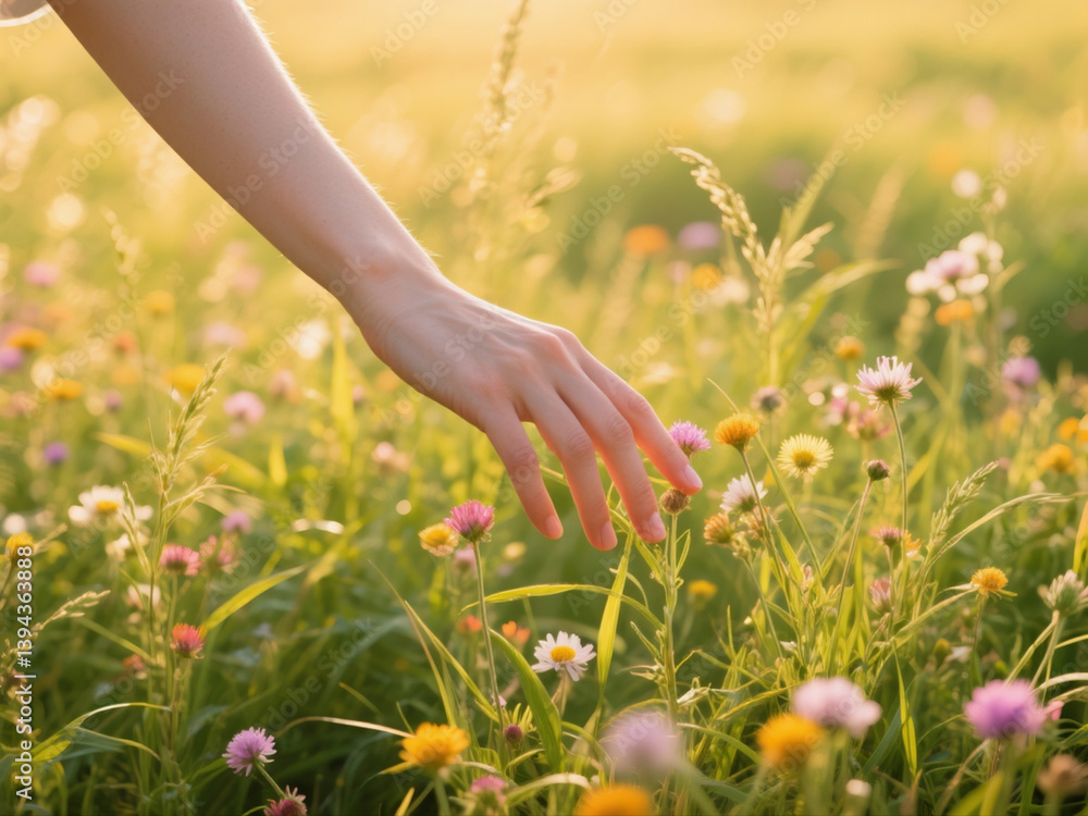 Woman's Hand Gently Touching Spring Wildflowers in Sunset Glow