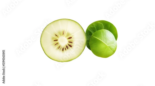Obraz na płótnie A sliced kiwi fruit and some fresh green leaves w salonie