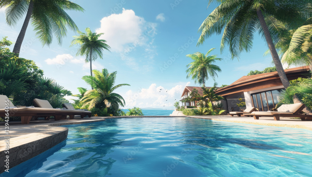 Obraz premium luxurious beach house features beautiful blue water pool surrounded by palm trees and sun loungers, offering serene and tropical escape