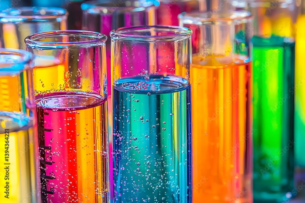 Colorful liquids inside clear glass test tubes create an interesting display