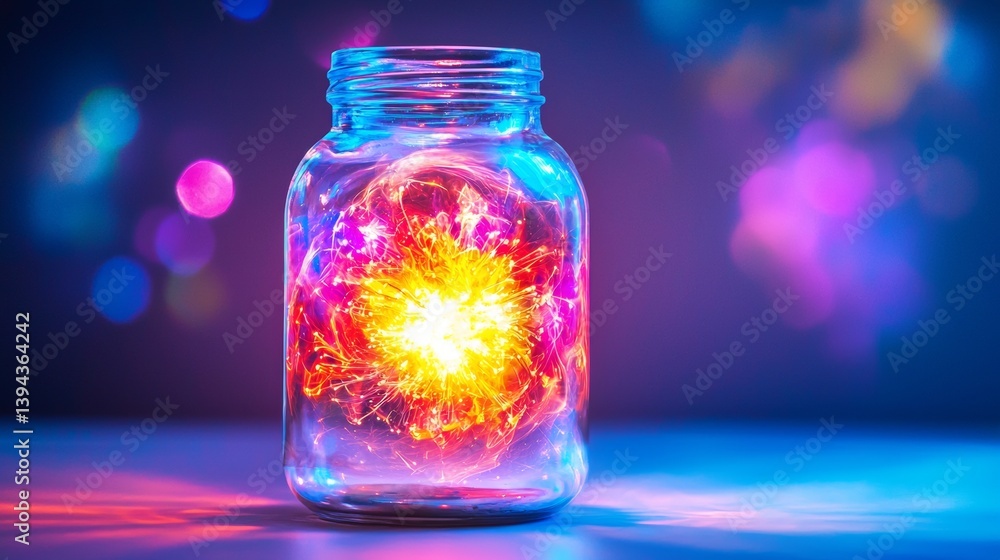 Colorful light explosion contained in a glass jar with a vibrant background during an artistic display Colorful light explosion contained in a glass jar with a vibrant background during an artistic display