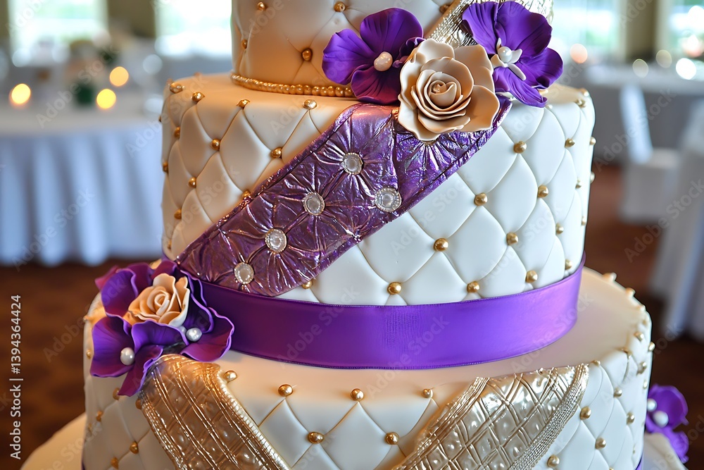 A beautiful decorated cake with multiple layers and floral decorations