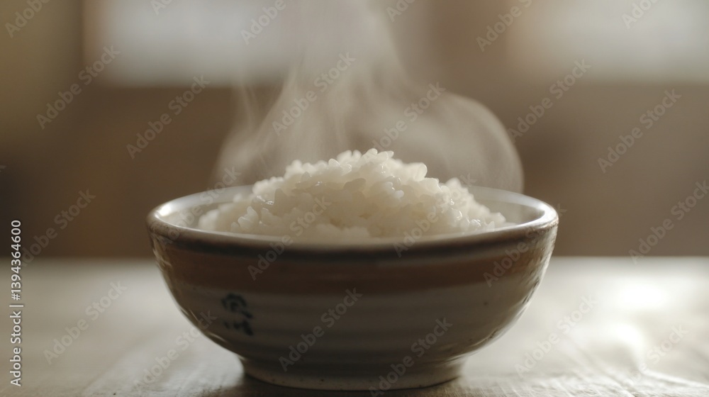 A close-up of perfectly cooked white rice, with gentle steam visible, served in a small ceramic bowl placed on a rustic wooden table for a cozy and simple meal setting. A close-up of perfectly cooked white rice, with gentle steam visible, served in a small ceramic bowl placed on a rustic wooden table for a cozy and simple meal setting.