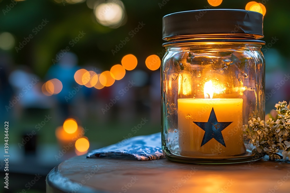 A lit candle inside a jar with string lights in the background