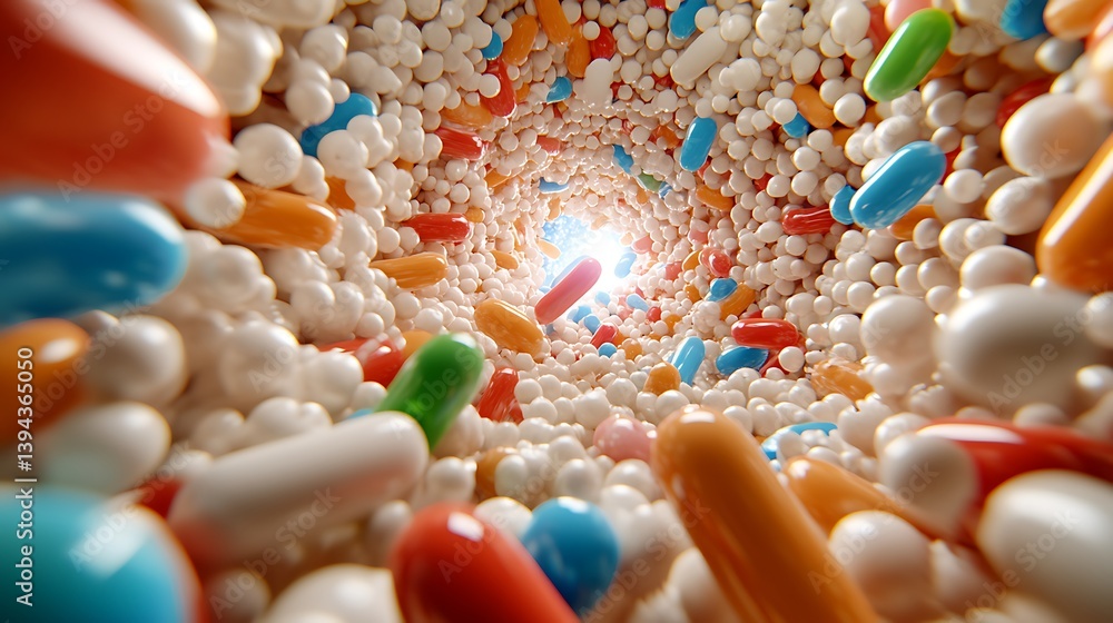 Colorful pills and other medications create a dynamic perspective