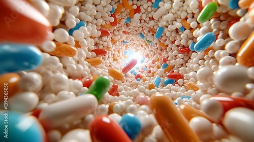 Colorful pills and other medications create a dynamic perspective