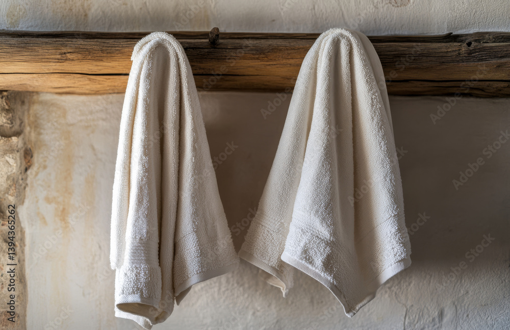 Fototapeta premium Two white towels hang on rustic wooden bar against textured wall, creating cozy and inviting atmosphere. natural wood and soft fabric add warmth to space