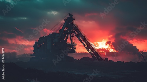 Obraz na płótnie A large mechanical excavator sits against a dramatic sunset w salonie