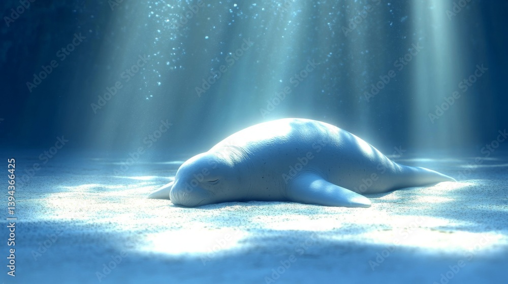 Naklejka premium A close-up shot of a dugong resting on the sandy ocean floor, with gentle sunlight filtering down through the water, illuminating its smooth skin and peaceful demeanor.