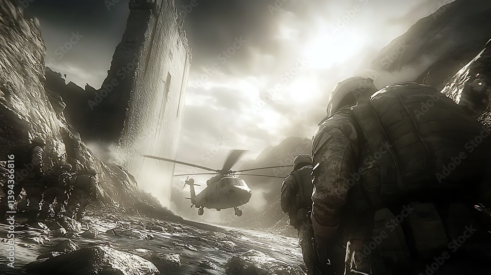 Soldiers Observe Helicopter in Cloudy Mountainous Environment During Conflict