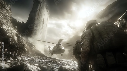 Obraz na płótnie Soldiers Observe Helicopter in Cloudy Mountainous Environment During Conflict w salonie
