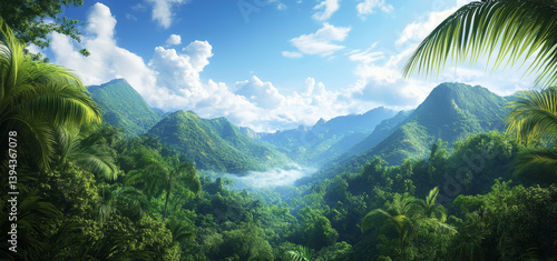 Fototapeta Naklejka Na Ścianę i Meble -  Lush green jungle landscape with towering mountains under bright blue sky and fluffy clouds, creating serene and breathtaking view