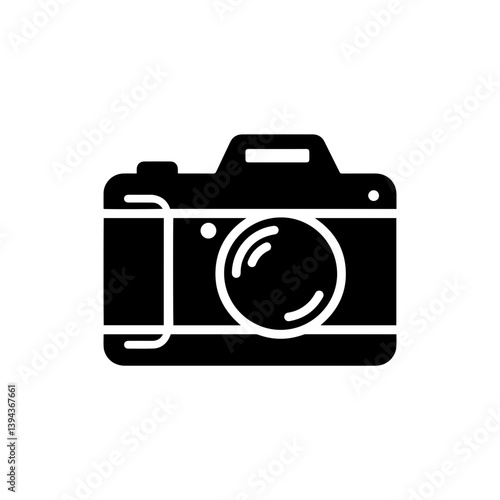 Filled Icon of a Camera with Lens Circle and Viewfinder Bump