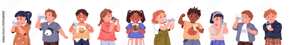 Kids drinking set. Happy children with thirst, holding water glass, bottle, juice, milk mug, soda can, bubble tea with straw, hydrating beverages. Flat vector illustration isolated on white background Kids drinking set. Happy children with thirst, holding water glass, bottle, juice, milk mug, soda can, bubble tea with straw, hydrating beverages. Flat vector illustration isolated on white background