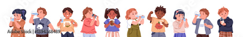 Kids drinking set. Happy children with thirst, holding water glass, bottle, juice, milk mug, soda can, bubble tea with straw, hydrating beverages. Flat vector illustration isolated on white background