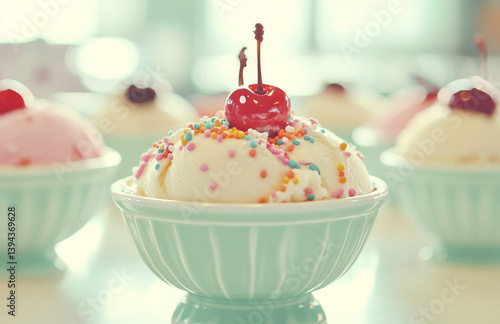 Colorful ice cream bowls with vibrant cherries and sprinkles create delightful and nostalgic dessert scene. pastel bowls and soft focus add dreamy touch