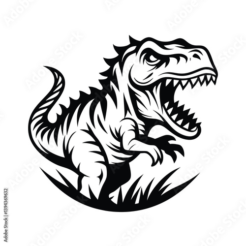 Monochrome Tyrannosaurus Rex with Mouth Open and Sharp Teeth on White