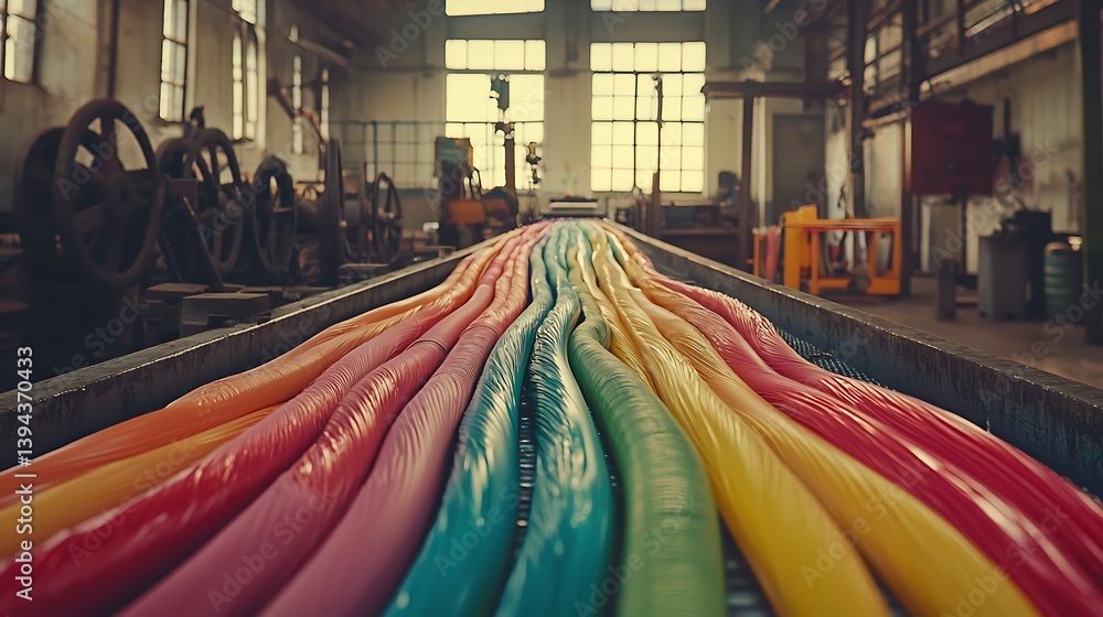 Long colorful candy streams being processed in an industrial factory setting