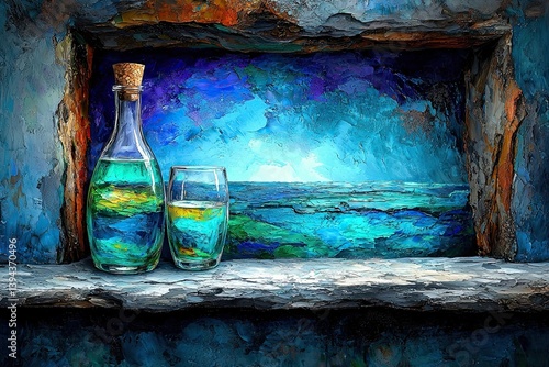 Vibrant Oil Painting Depicting Chilled Sake Bottle and Glass Against a Colorful Oceanic Landscape