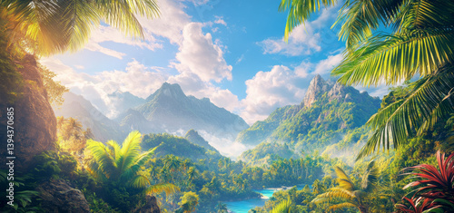 Fototapeta Naklejka Na Ścianę i Meble -  beautiful jungle landscape with mountains and palm trees under bright blue sky creates serene and vibrant scene. Lush greenery and flowing river add to tropical paradise