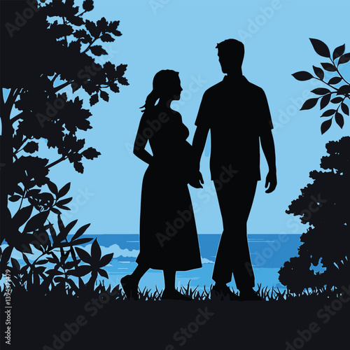 Pregnancy and love are shown in silhouette style with nature elements and a happy couple.
