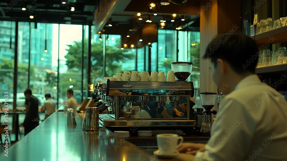 A Barista Preparing Coffee In A Well Lit Modern Cafe