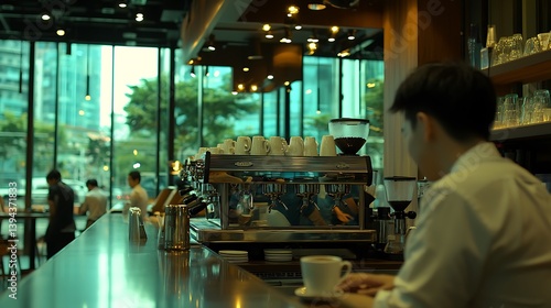 Obraz na płótnie A Barista Preparing Coffee In A Well Lit Modern Cafe w salonie