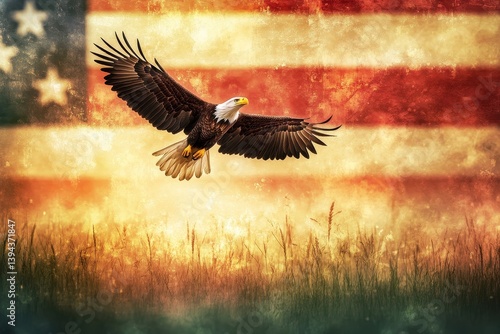 Wallpaper Mural Bald Eagle Flying in Front of a Faded American Flag Over a Field of Grass with Golden Sunlight and Patriotic Theme Torontodigital.ca