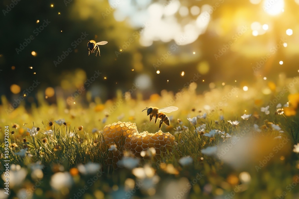 Bees Hovering Over White and Yellow Flowers in a Green Meadow at Golden Hour with Bokeh Sunlit Background During Daytime Bees Hovering Over White and Yellow Flowers in a Green Meadow at Golden Hour with Bokeh Sunlit Background During Daytime