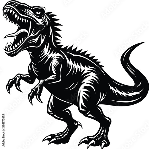 Roaring TRex Dinosaur in Black and White Aggressive Predator with Sharp Teeth