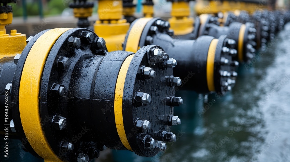 Obraz premium Industrial Pipeline System Water Treatment Plant with Close-up on Black and Yellow Valves