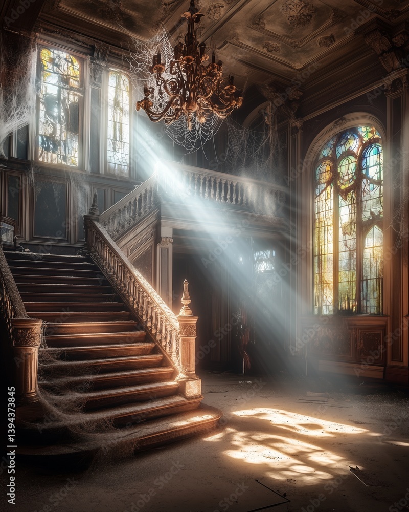 Obraz premium A forgotten mansion with a grand staircase, cobweb-covered chandeliers, and sunlight streaming through broken stained glass.