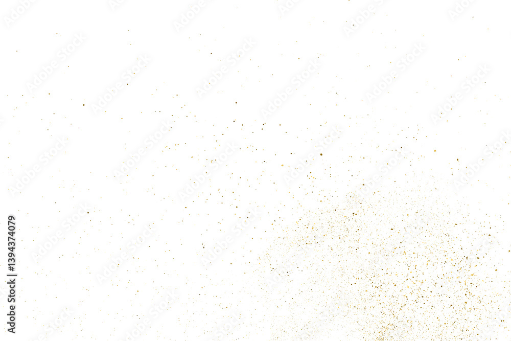 Gold texture pattern on transparent background. Old paper surface. Light golden confetti. Yellow Illustration backdrop. PNG design element.