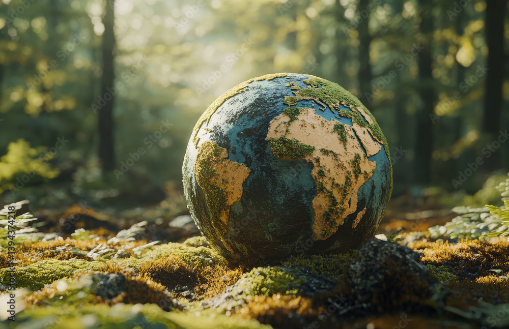3D render of Earth globe covered in moss and forest, set in lush woodland environment, symbolizing nature and sustainability. scene is serene and green 3D render of Earth globe covered in moss and forest, set in lush woodland environment, symbolizing nature and sustainability. scene is serene and green