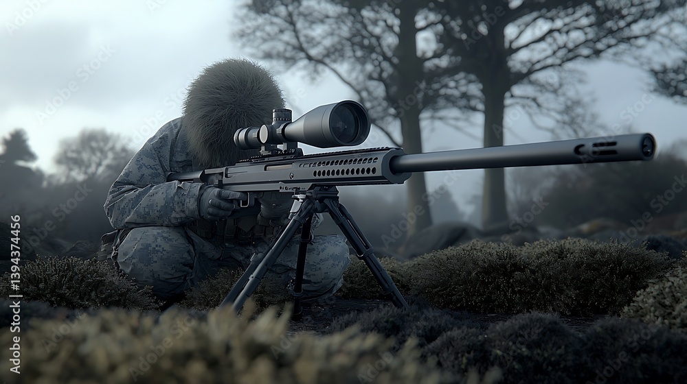 A camouflaged person aims a long scoped rifle in the foliage