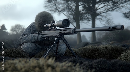 Obraz na płótnie A camouflaged person aims a long scoped rifle in the foliage w salonie